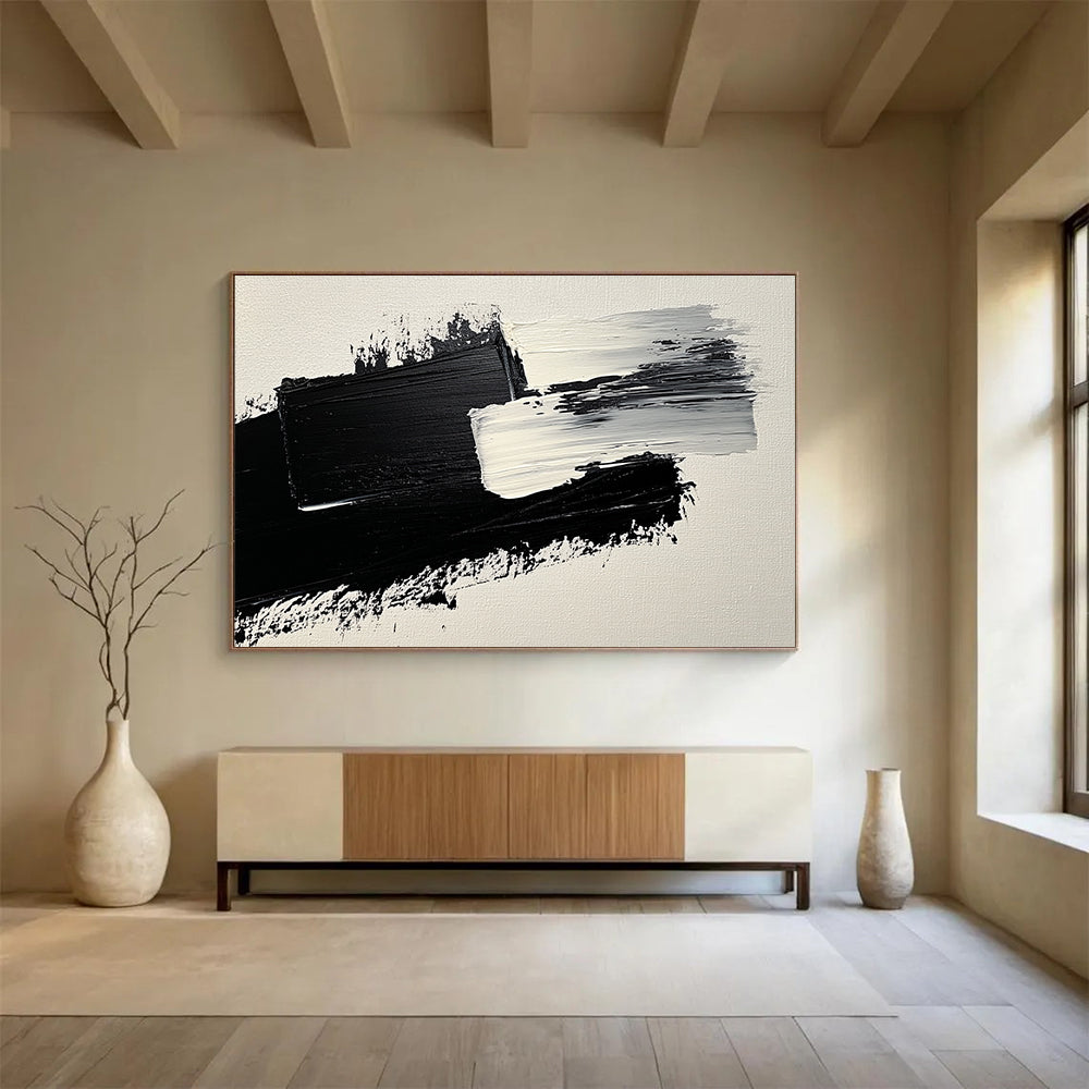 Black White Abstract Strokes Painting with Textured Brushstrokes DYP572