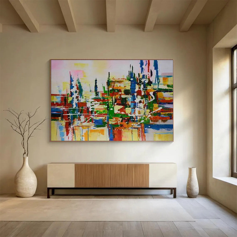 Vibrant Cityscape Abstract Painting with Multicolor Urban Energy THY285