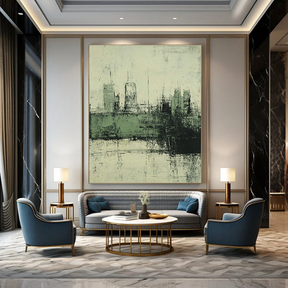 Large abstract painting of the city in muted green and grey tones with a distressed vintage oil paint texture and faded background.STSC339