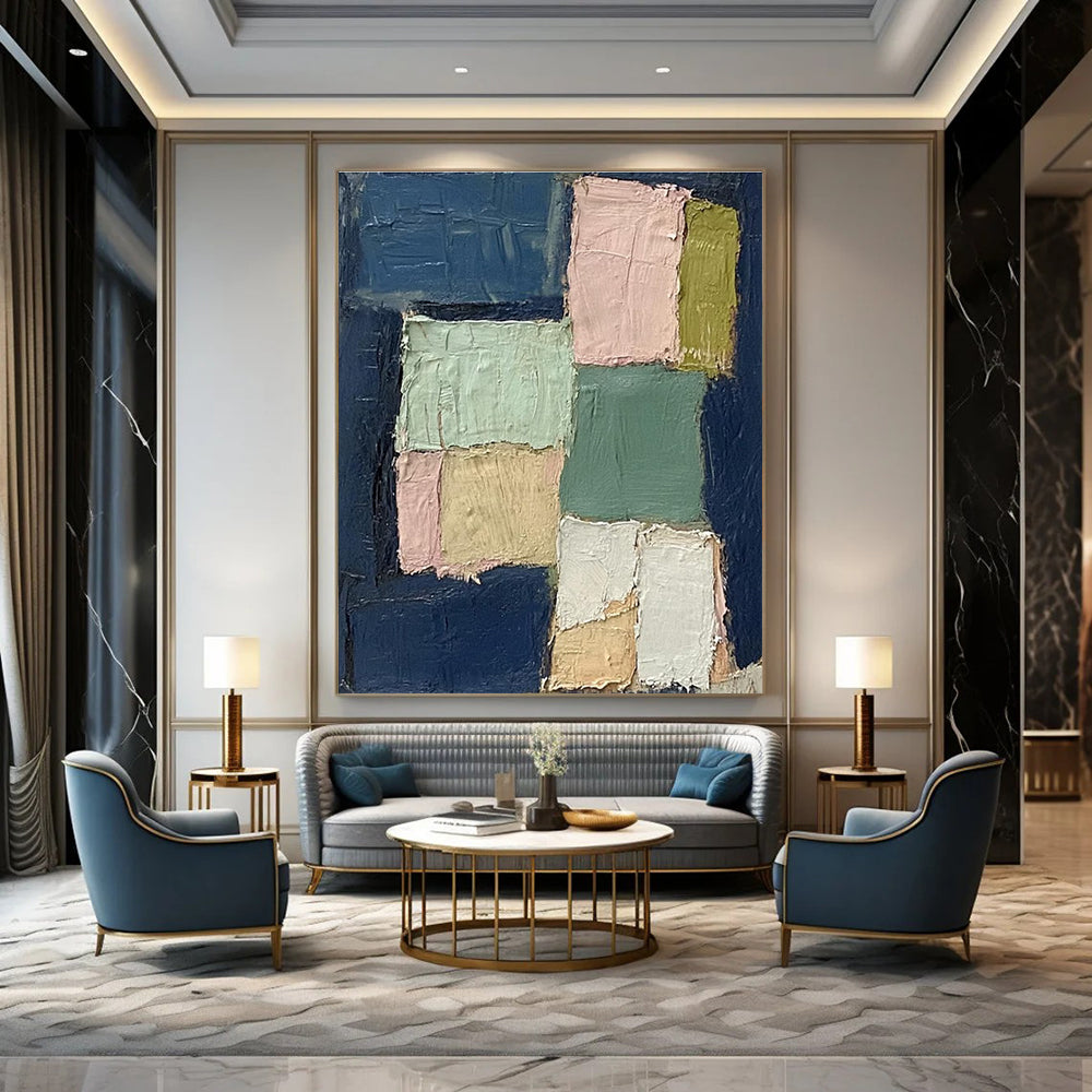 Blue Pink Green Beige Patchwork Abstract Painting ADGE013