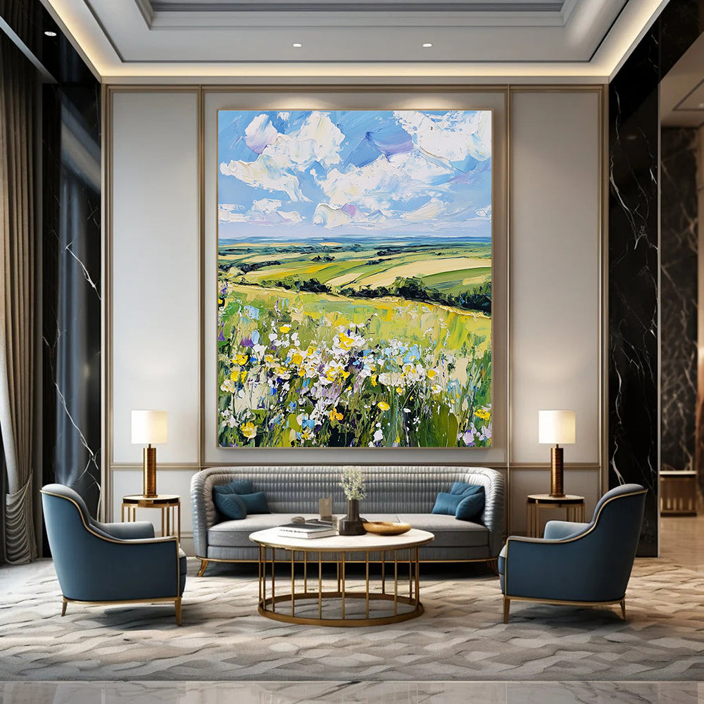 Large abstract painting showcasing a serene English countryside with wildflowers and rolling hills in vibrant colors capturing nature's tranquility.STSC1432