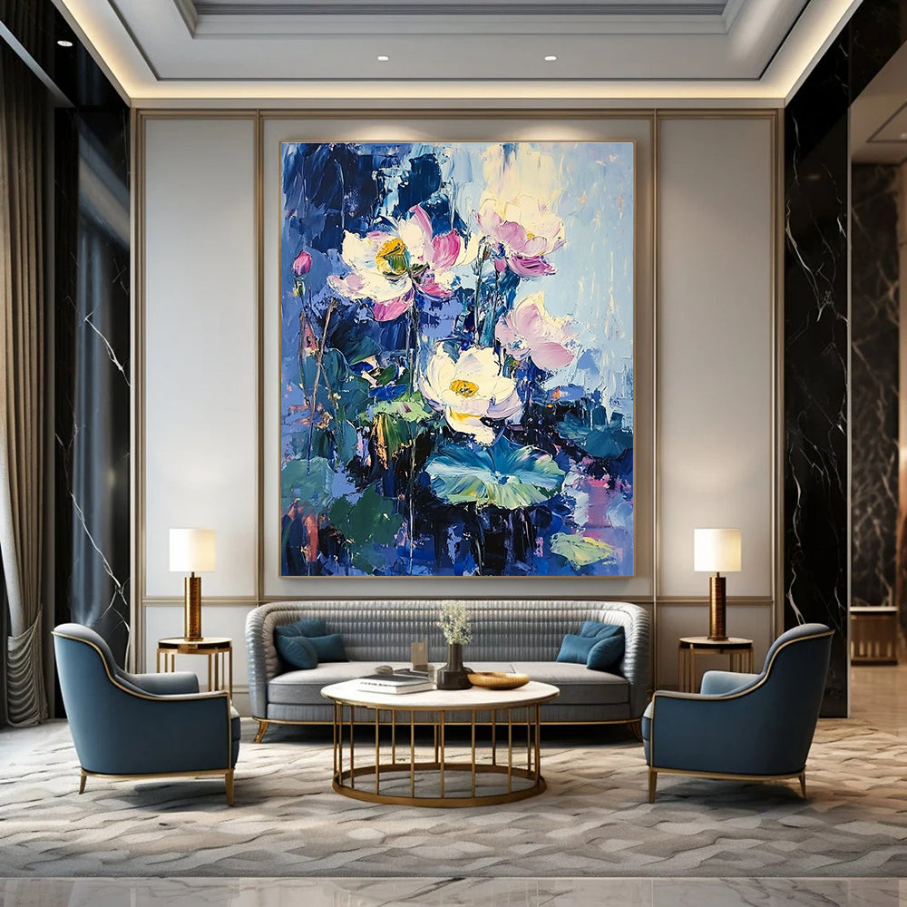 Large abstract oil painting of lotus flowers and leaves in purple and blue with impressionist style and surrealistic elements against a blue sky.STSC190