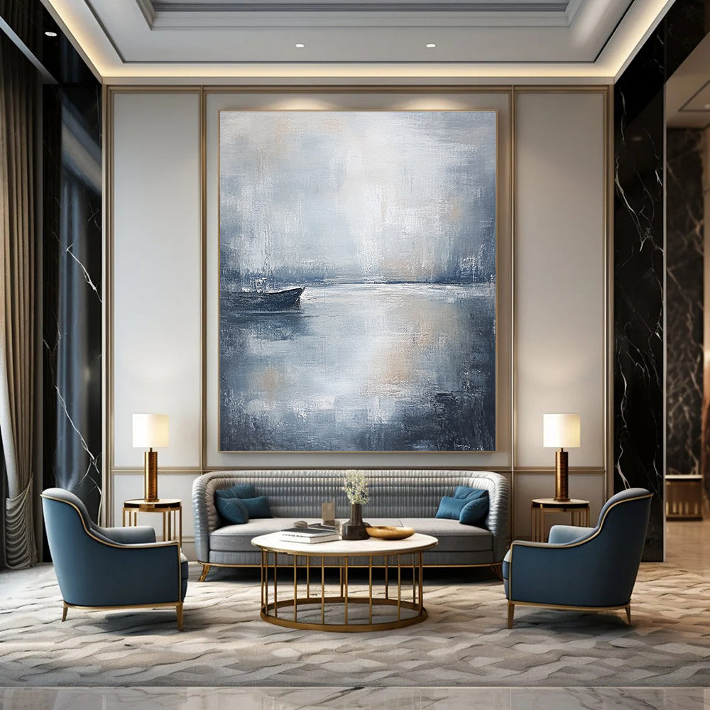 Large abstract painting in muted gray and white tones with soft brushstrokes evoking calmness and serenity perfect for any space.STSC044