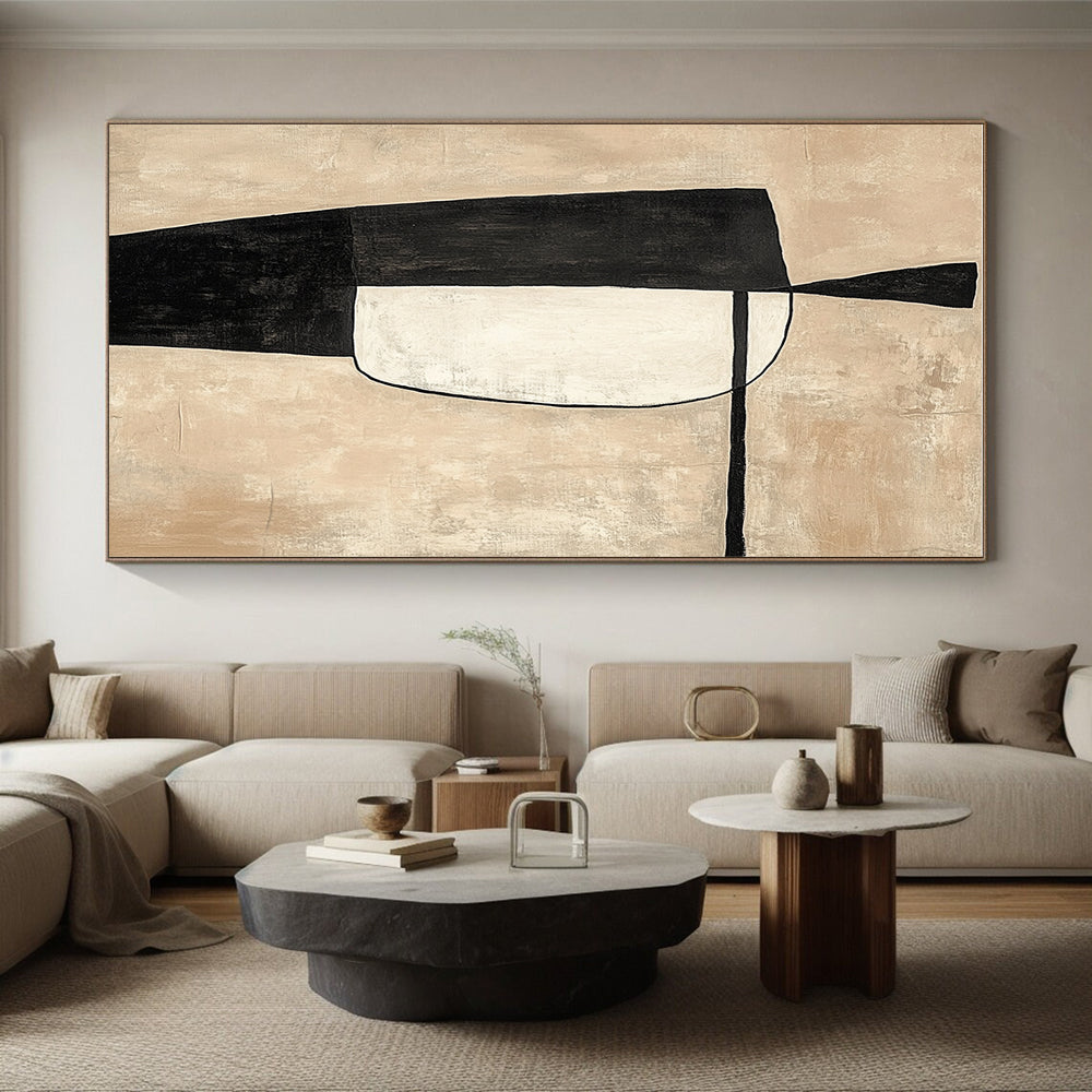 Beige and Black Abstract Painting with Minimalist Shapes GER142