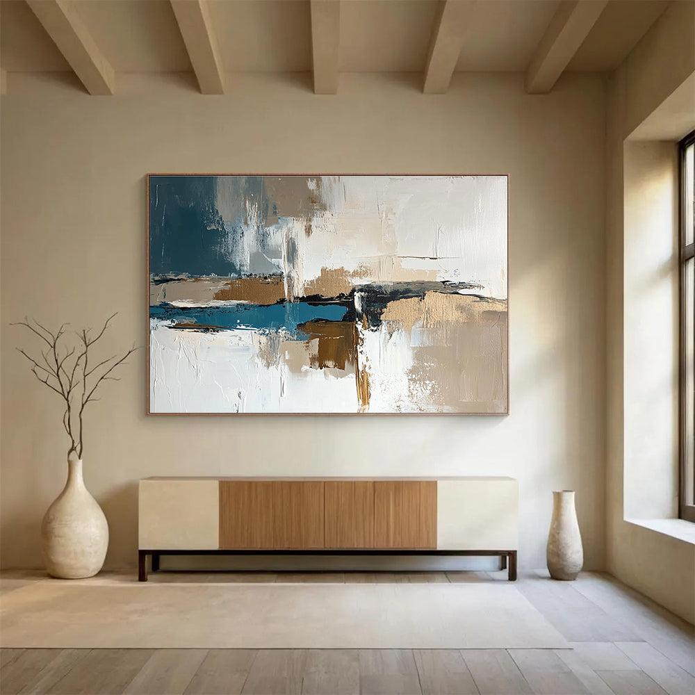 Large abstract painting in white and brown with teal accents featuring thick brush strokes and neutral tones perfect for modern decor.SC313