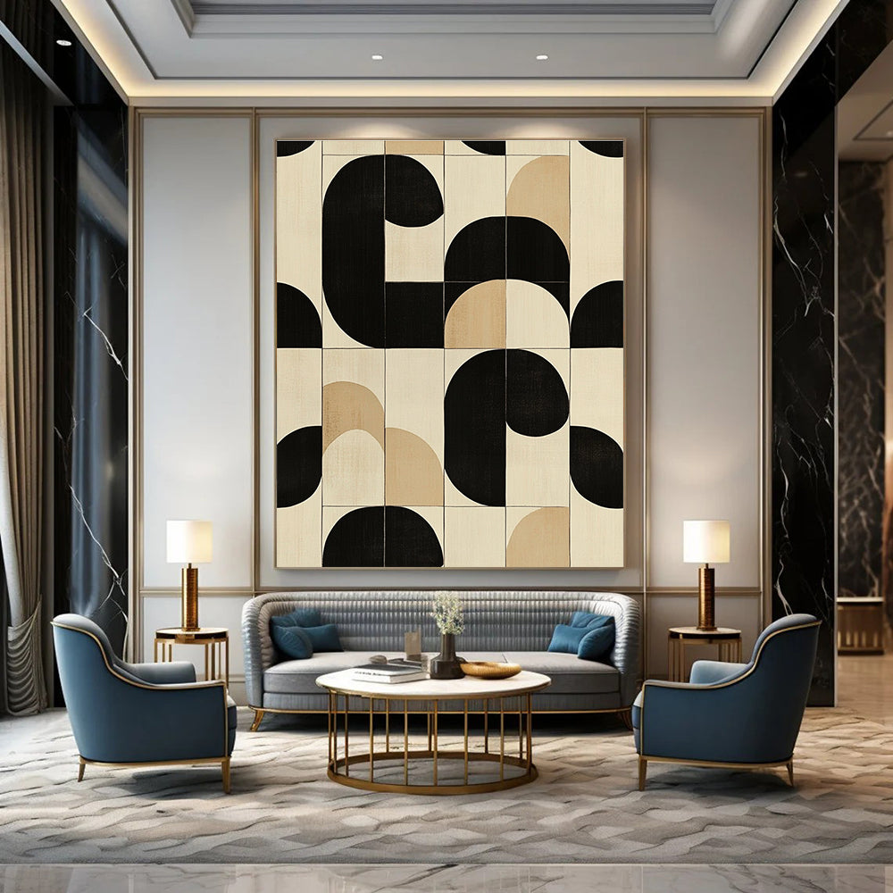 Large abstract painting featuring modern black white and beige circles and squares perfect for contemporary decor.STSC1102