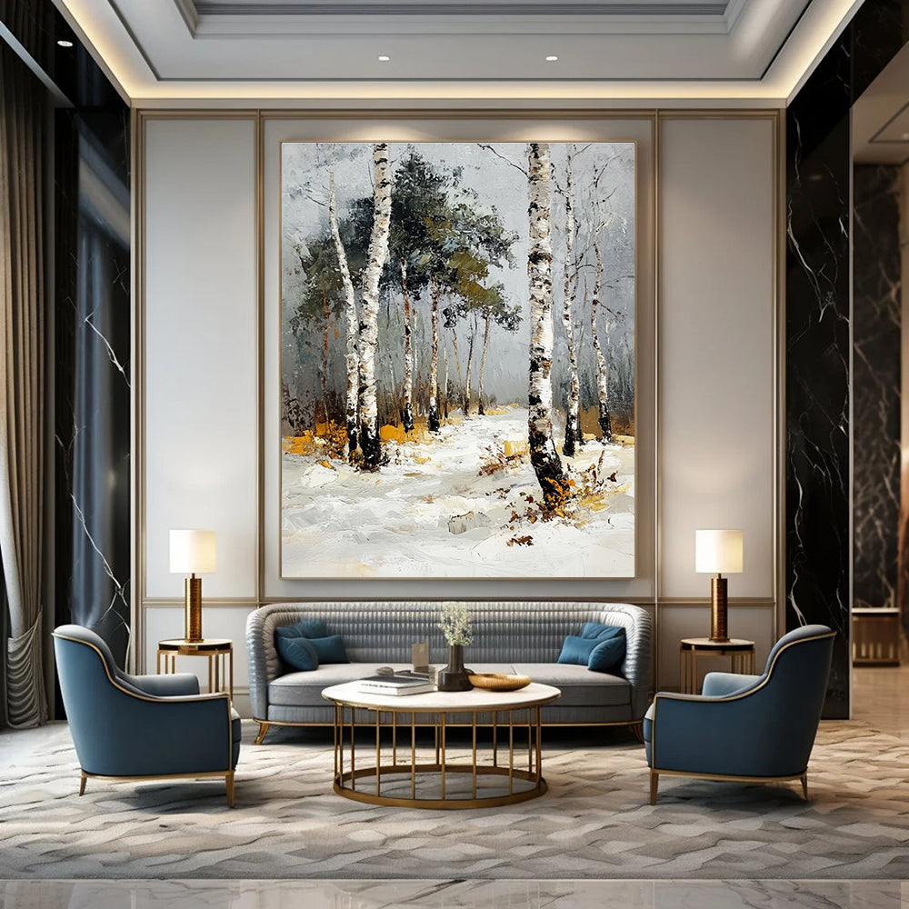 Abstract oil painting of a birch forest in winter featuring thick impasto strokes with snow-dusted birches and pines under a grey sky.STSC1382