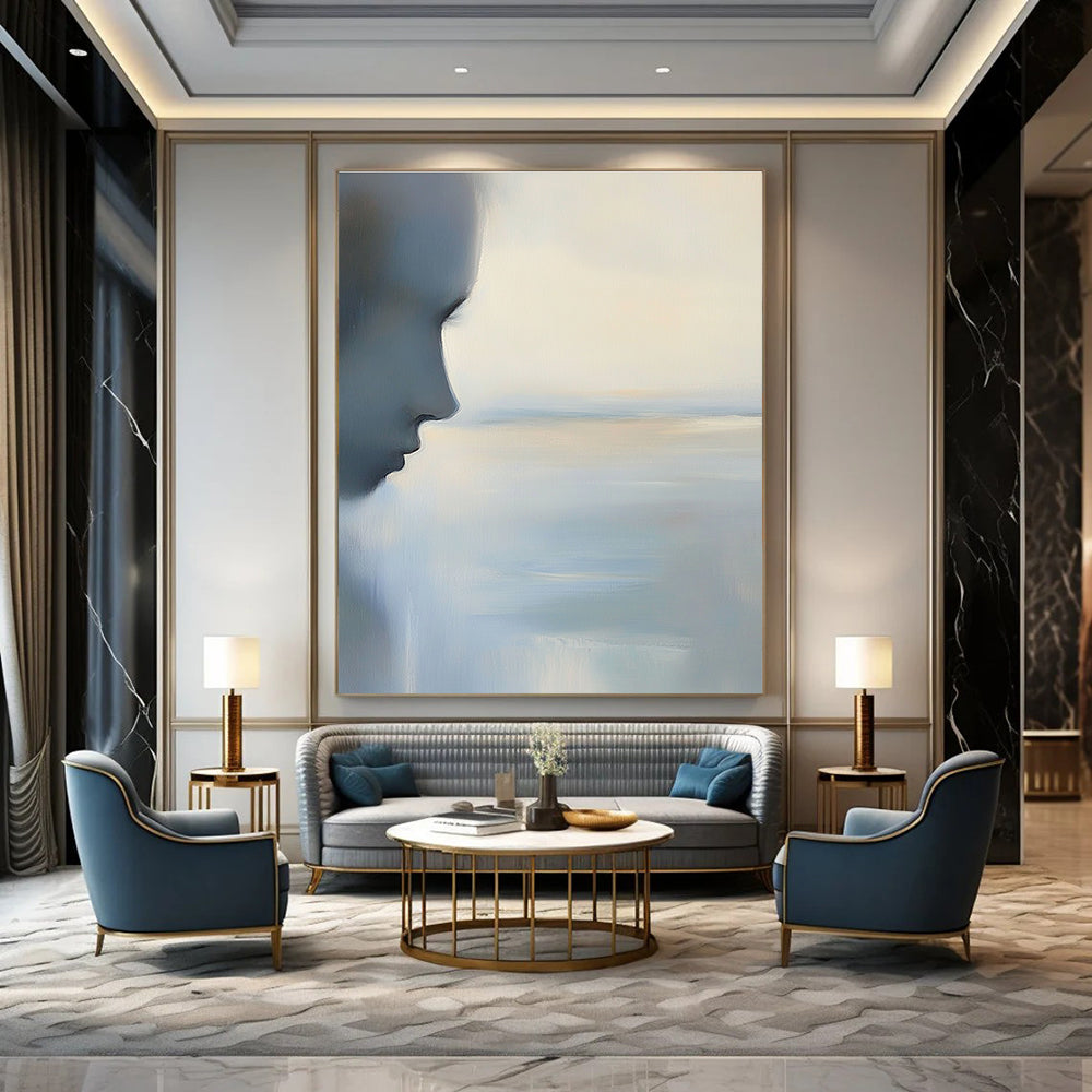 Abstract painting of the ocean and sky in soft blues and greys with calming minimalist aesthetics and delicate color accents.STSC883