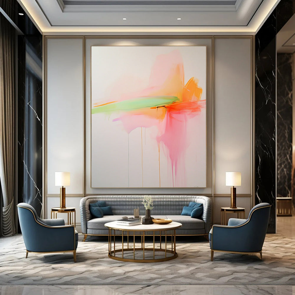 Large abstract painting with soft pink orange and green hues on a white background in minimalistic style inspired by Priscilla Creedman.STSC797