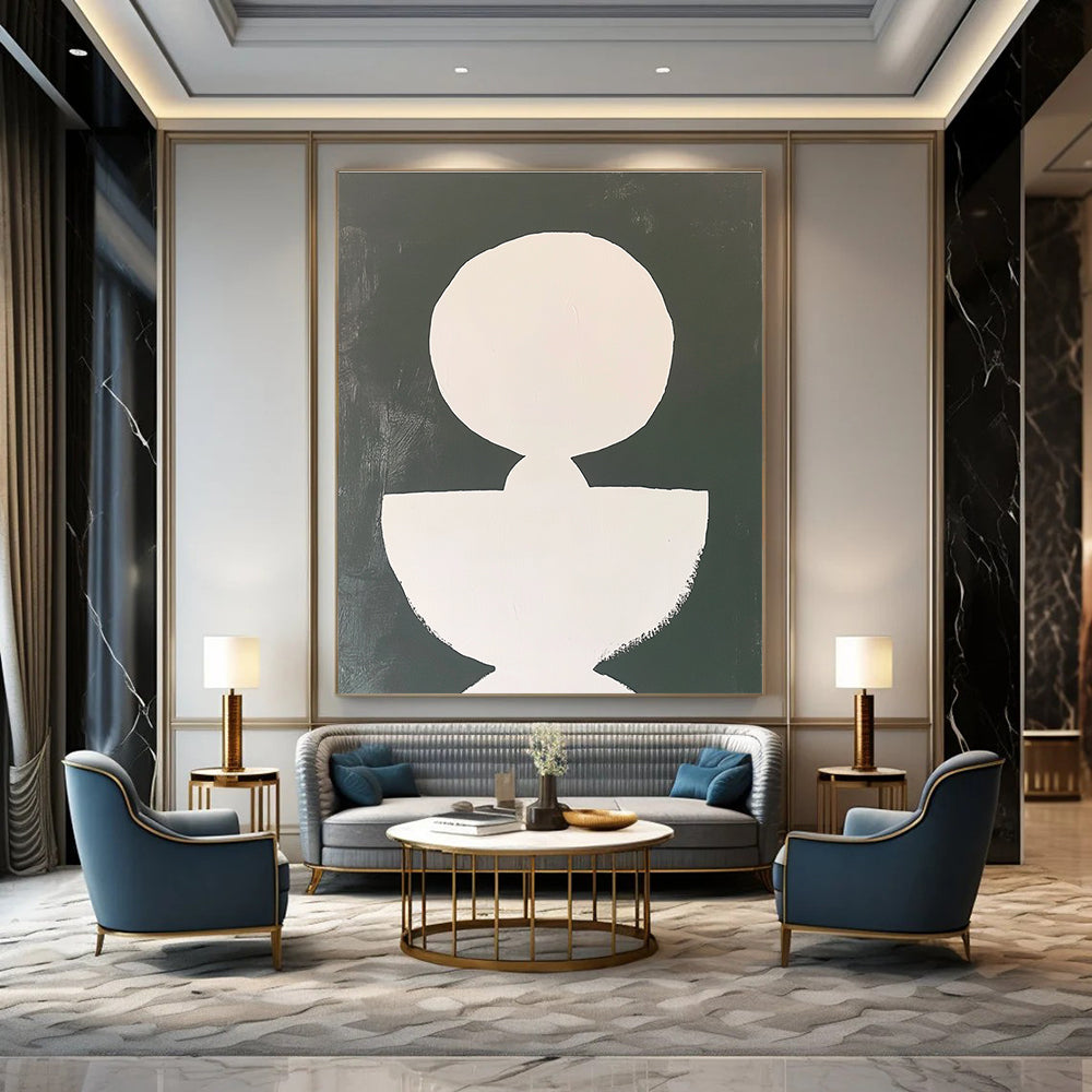 Large abstract painting featuring a white circle and an irregular shape connected by lines on a minimalist background with simple brushstrokes.STSC1250