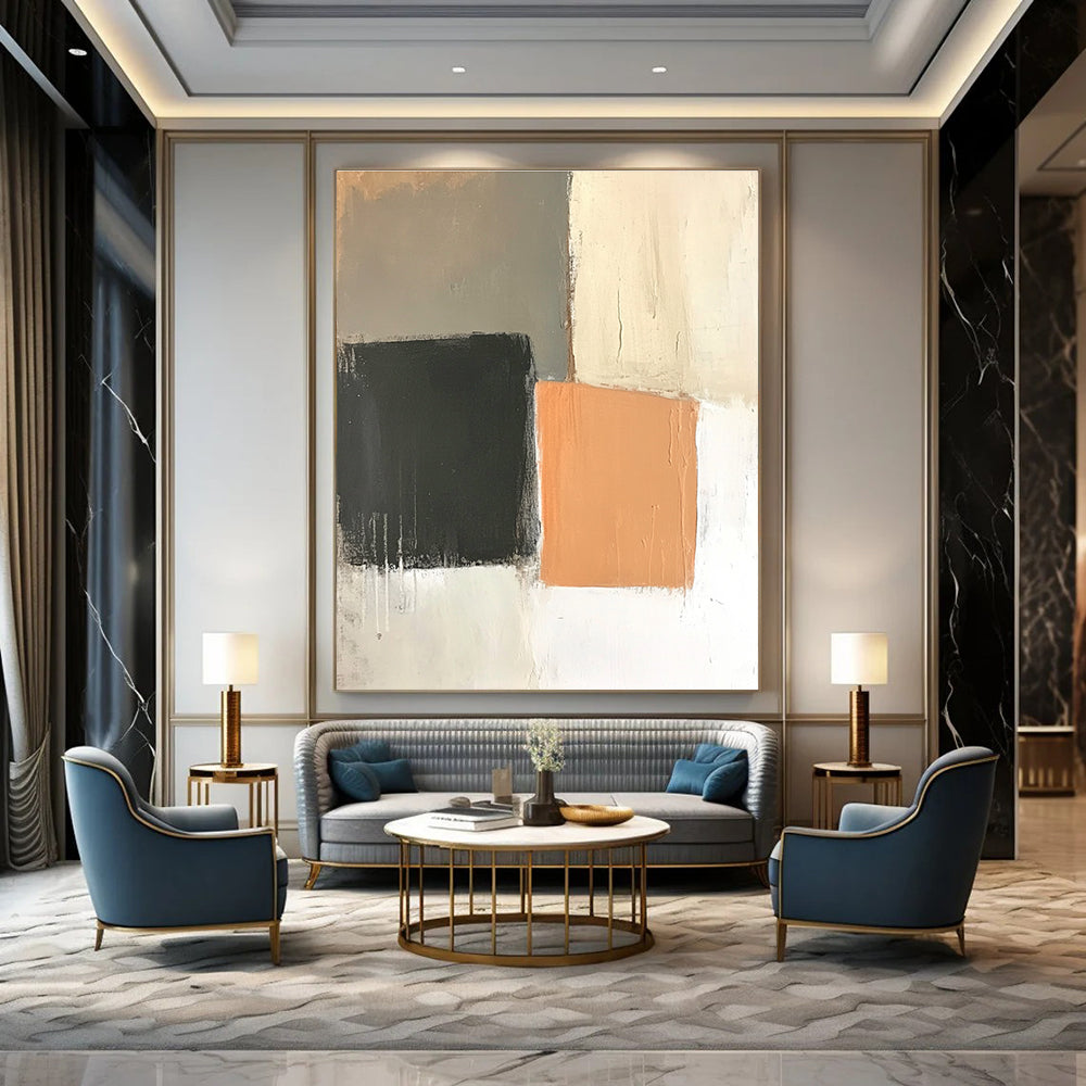 Abstract painting featuring an off-white wall with light orange and dark gray squares in a muted color palette and loose brushstrokes.STSC654