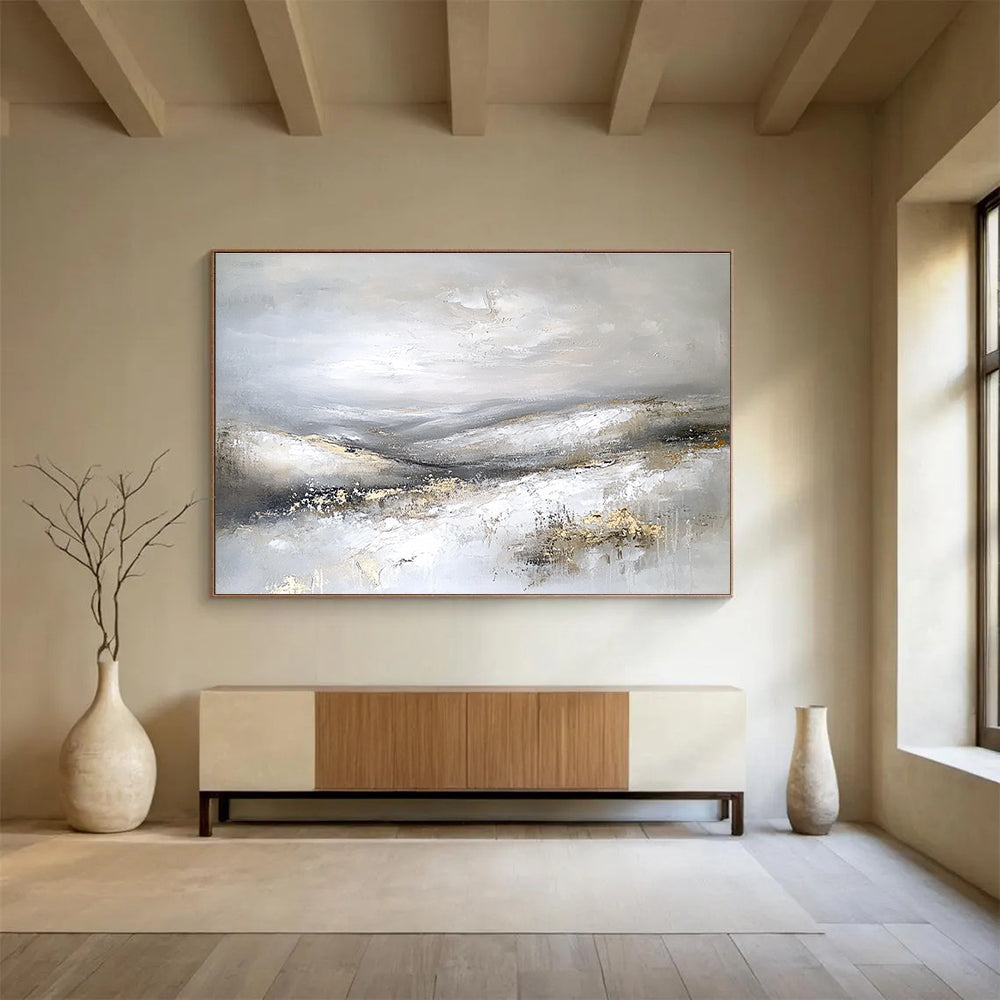 Gray and Gold Mountain Abstract Painting with Textured Peaks DYP243