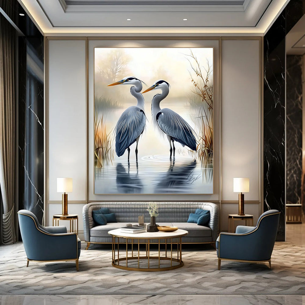 A large abstract painting featuring two herons in water with a misty swamp background in the style of Larry Elmore.STSC1450