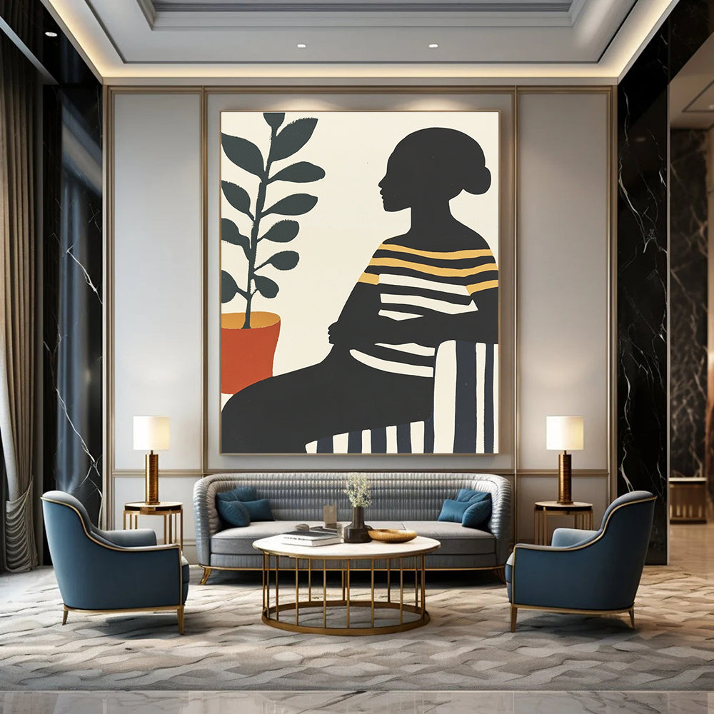 Large abstract painting featuring an African woman on a striped sofa with silhouettes and vibrant colors complemented by a pot of green leaves.STSC537