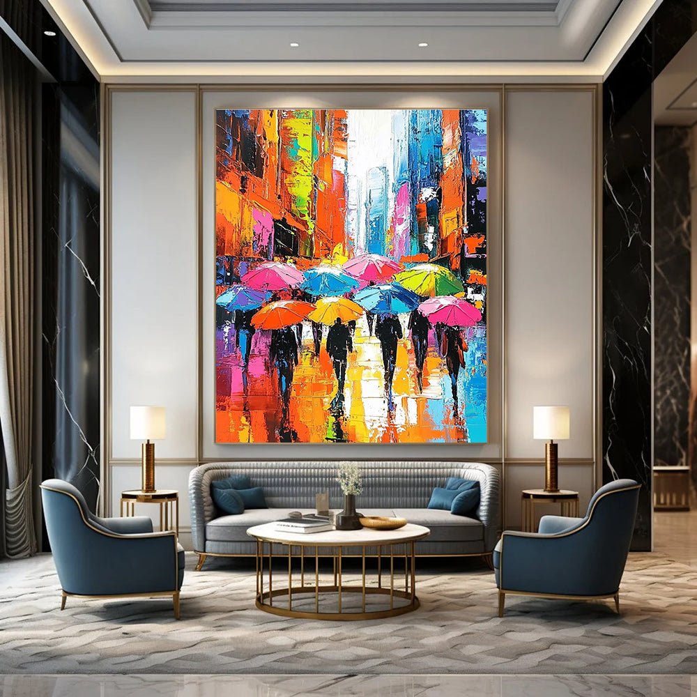 Large abstract painting depicting vibrant city streets with people under colorful umbrellas and skyscrapers emphasizing expressive faces and dynamic brushstrokes.STSC849