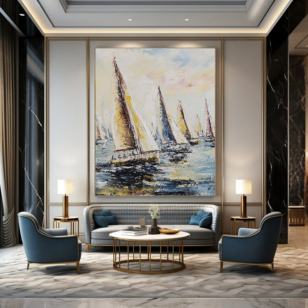 Large abstract painting featuring sailing regatta with billowing sails against a pastel sky and impasto-thick brush strokes.STSC1421