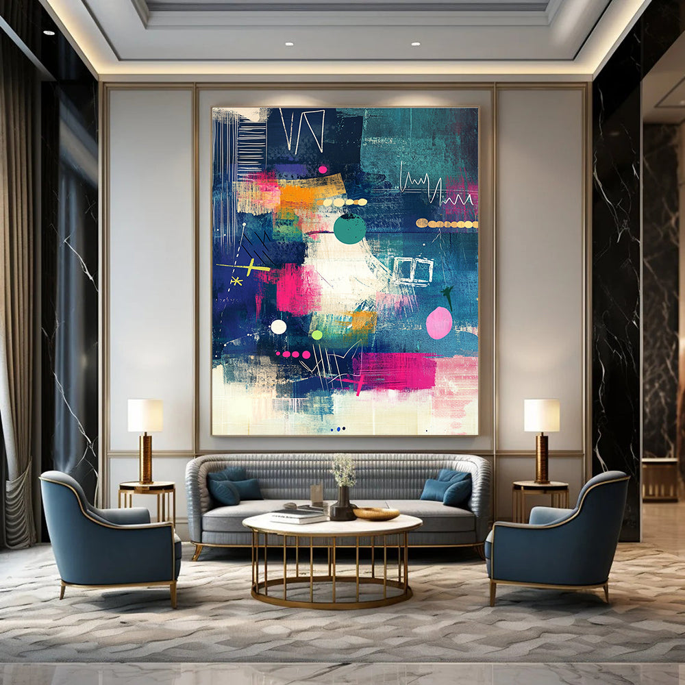 Abstract Art Featuring Playful Patterns and Textures in Blue Pink Green Yellow and Black Ideal for Modern Stationery and Wall Art.STSC966