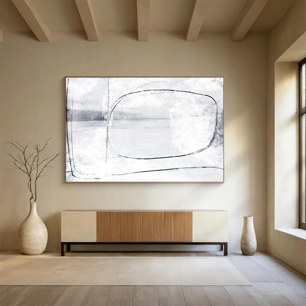 Grey and White Minimalist Line Abstract Painting THY140