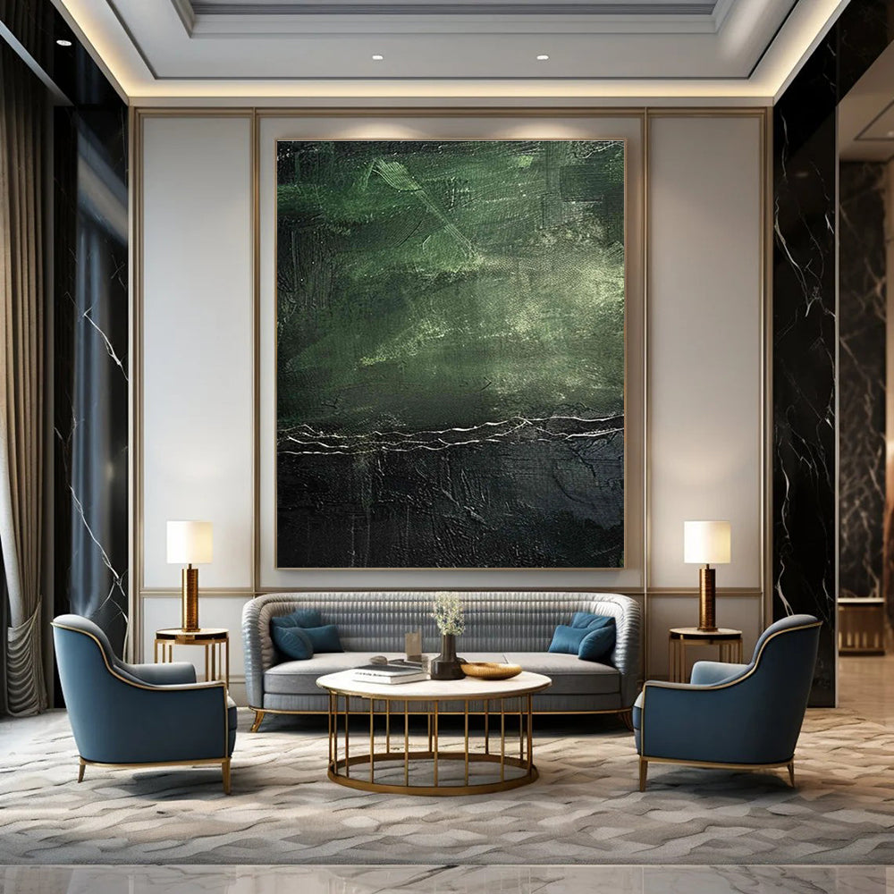 Dark Green Textured Abstract Painting with Subtle Highlights ADGE493