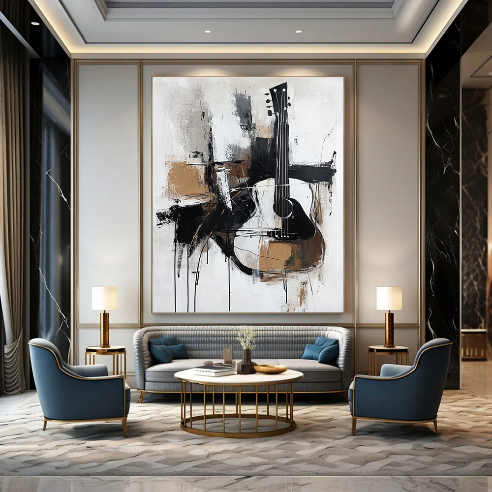 A large abstract painting featuring thick brush strokes in black white grey and brown with a minimalistic abstract guitar in elegant neutral tones.STSC818