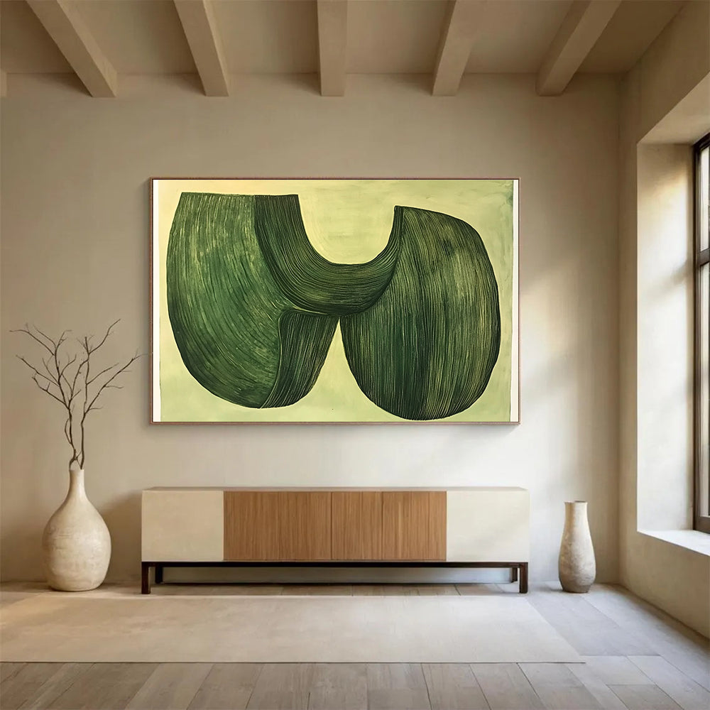 A large abstract painting featuring two organic green shapes fused together on a pastel green background in a 70s retrofuturistic style.SC614