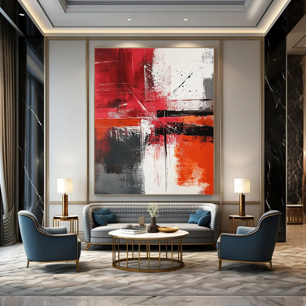 Large abstract painting featuring dynamic brush strokes and color splashes in reds whites and greys creating a sense of movement and harmony.STSC1357