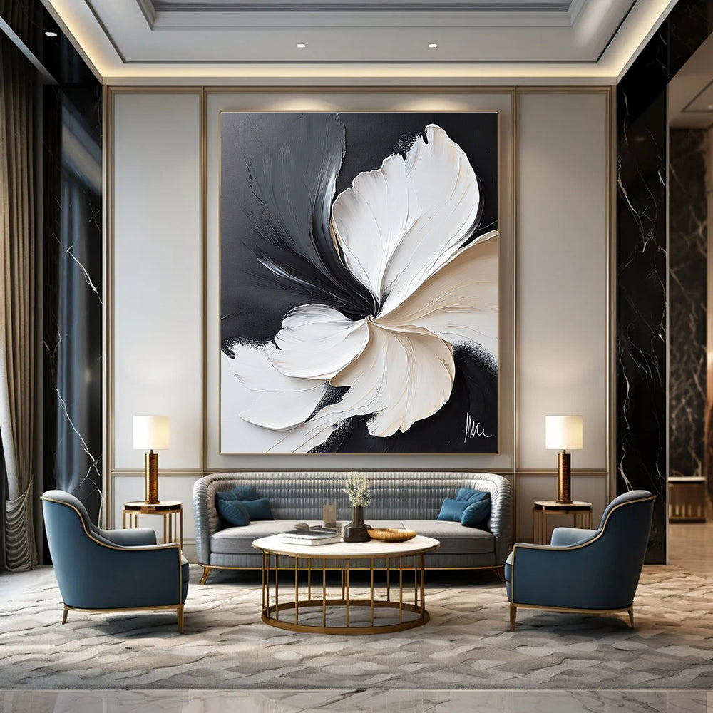 Large abstract painting featuring white flowers on a black background with meticulous brushwork and delicate textures in flowing organic shapes.STSC514