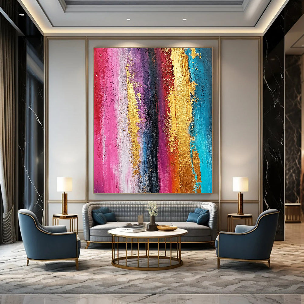 Large abstract painting featuring textured ombre rainbow colors with gold foil accents and a grunge background in vertical stripes.STSC733