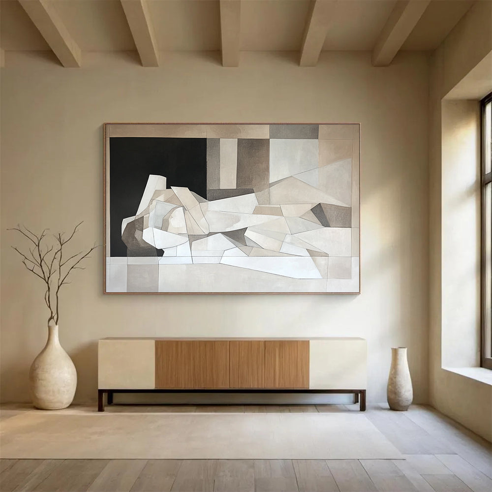 Large abstract painting featuring a textured dark green wall with horizontal stripes, evoking ancient Chinese architectural elegance.SC457
