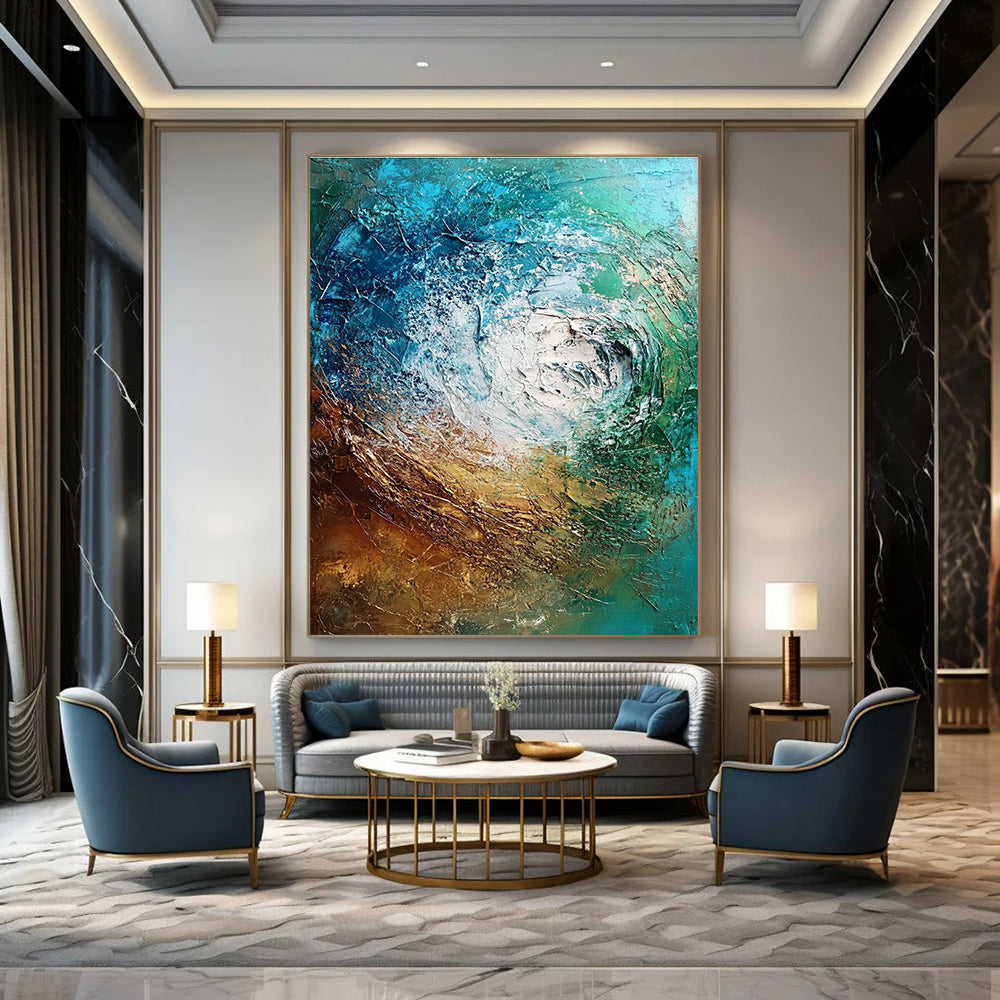 Large abstract painting depicting an underwater scene with textured brush strokes in rich shades of brown blue-green and metallic accents.STSC832