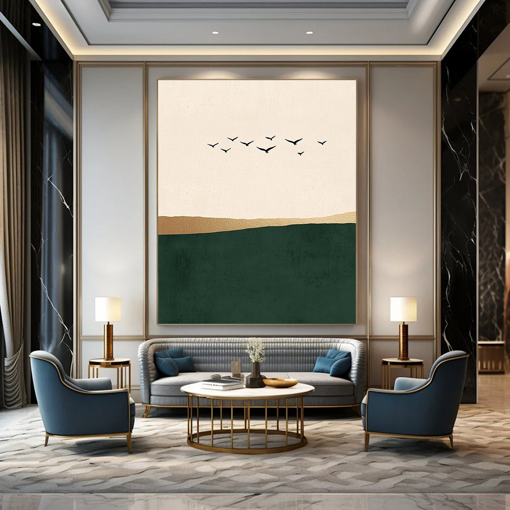Abstract art featuring minimalist Japandi style with flying birds over a serene green sea on a beige background adorned with elegant gold details.STSC1340