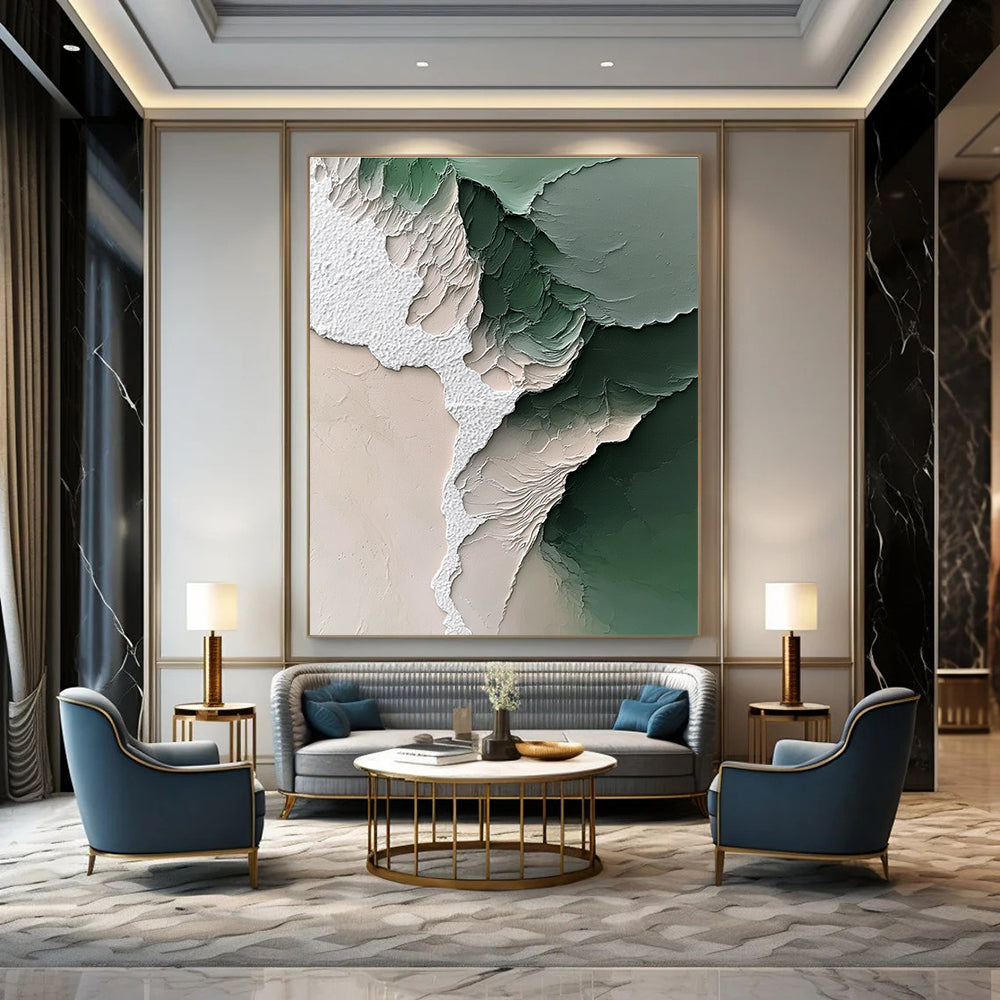 Large Abstract Painting Featuring a White Beach and Green Water with Impressionistic Brushstrokes and Dreamy Colors Capturing Nature's Beauty.STSC1246