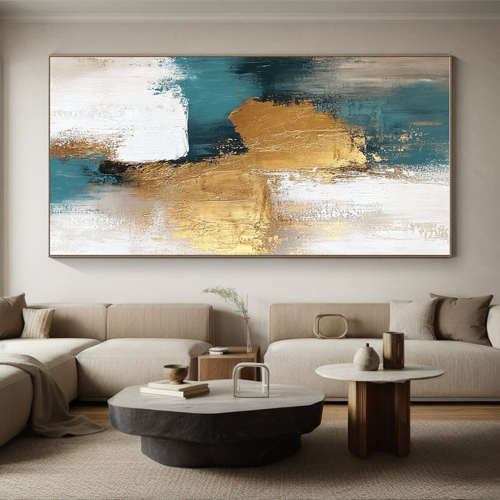Teal Gold and White Abstract Painting with Artistic Textures GER677