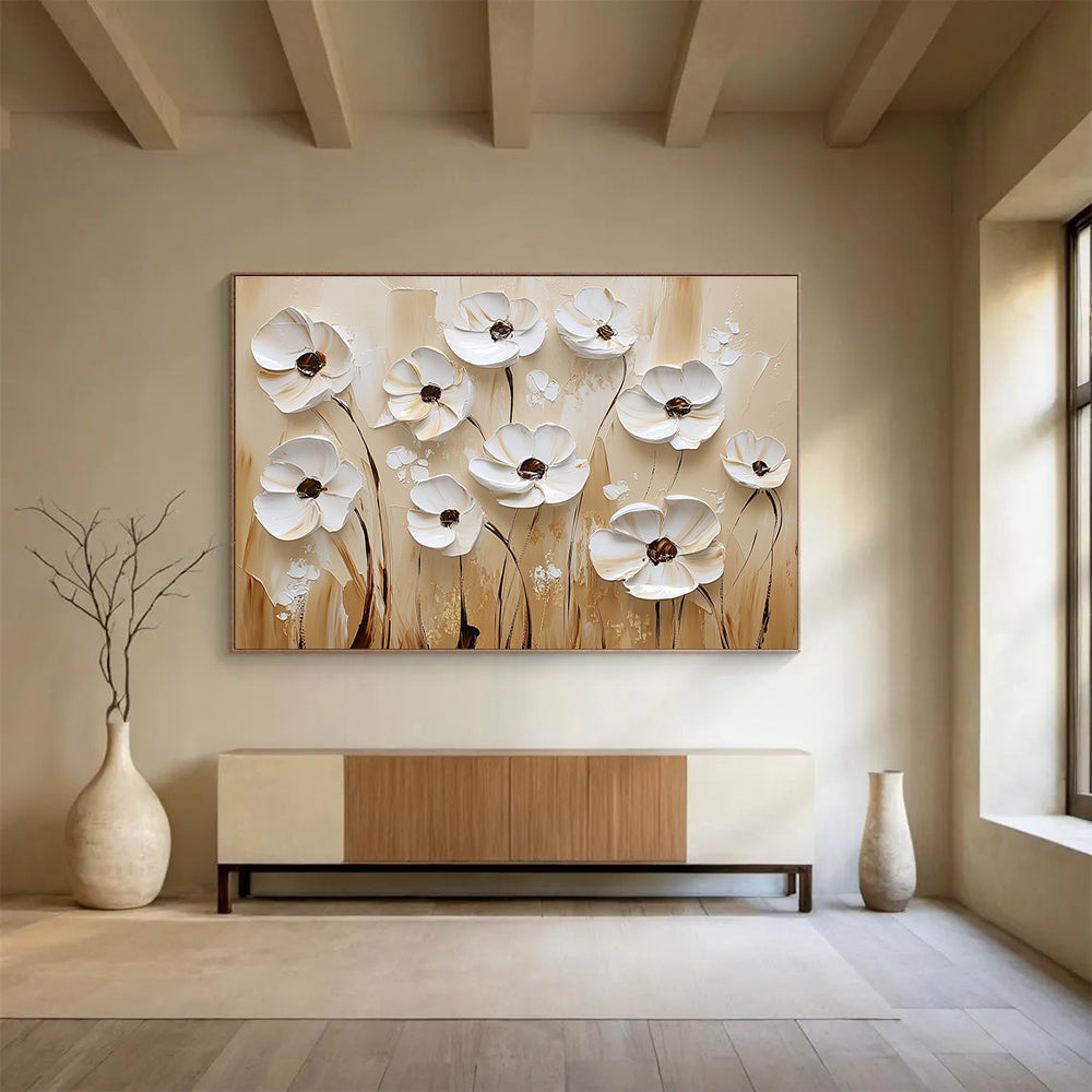 Large abstract painting featuring textured white flowers on a beige background with a white and brown color palette in oil paint.SC003