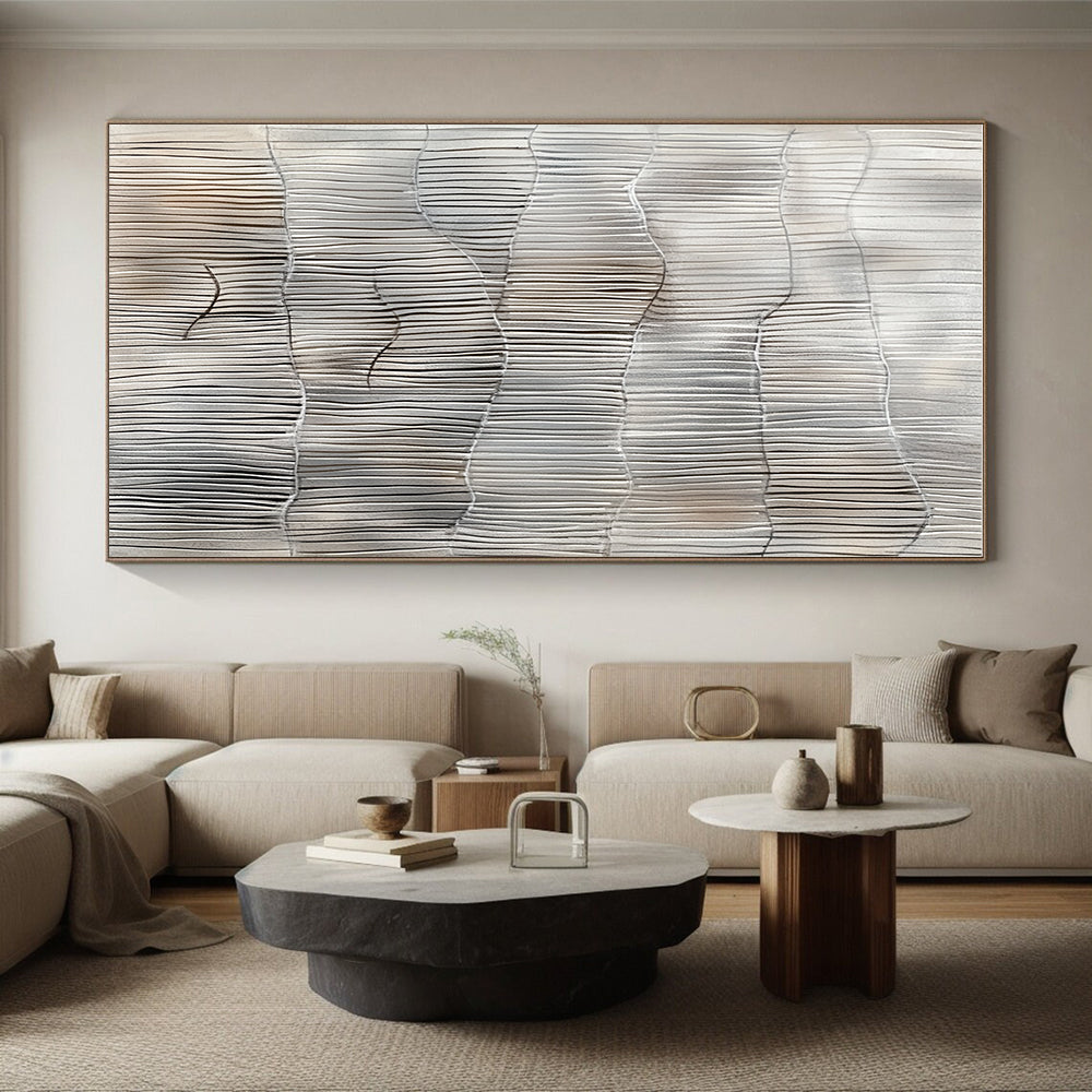 Gray and White Line Abstract Painting with Wavy Rhythms GER105