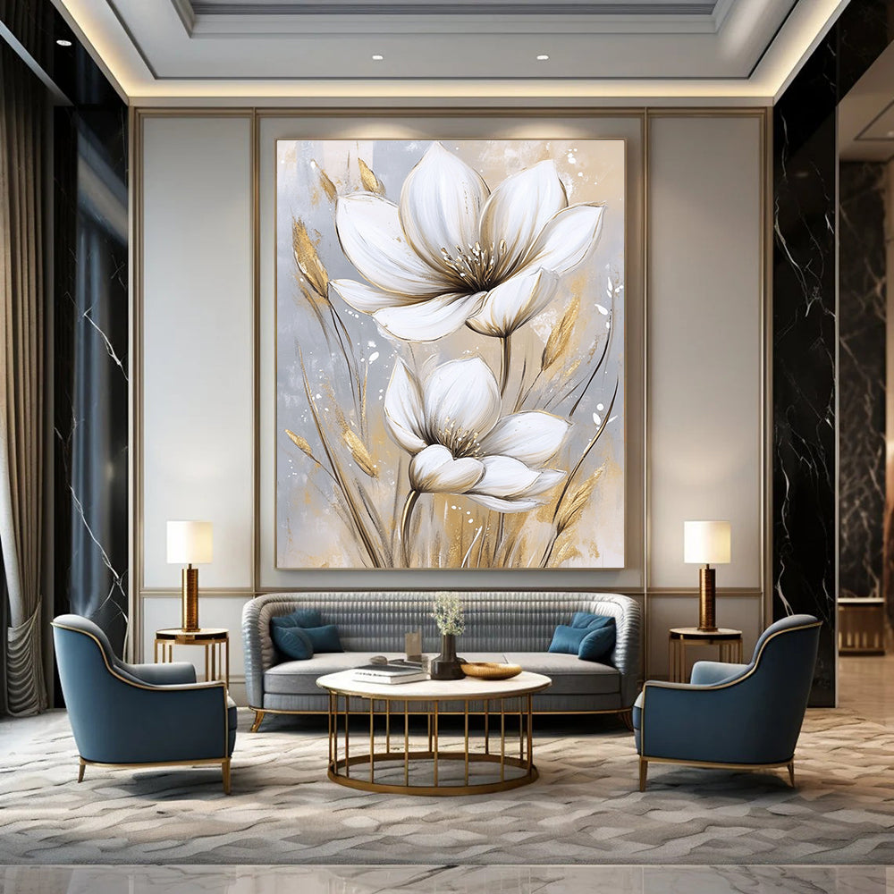 Large abstract painting featuring white flowers on a beige and gray background with soft watercolor textures in white and gold tones.STSC1476