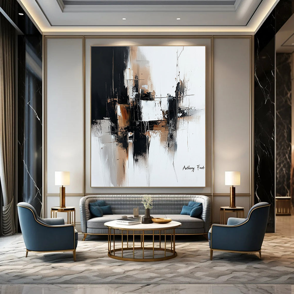 Large abstract painting with architectural lines in black and brown on white background by Anthony Foot featuring atmospheric brushstrokes and deconstructed minimalism.STSC1356