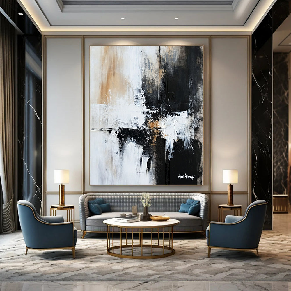 Large abstract painting in black white and gray featuring textured brush strokes and ink spots evoking contemplation and introspection.STSC741