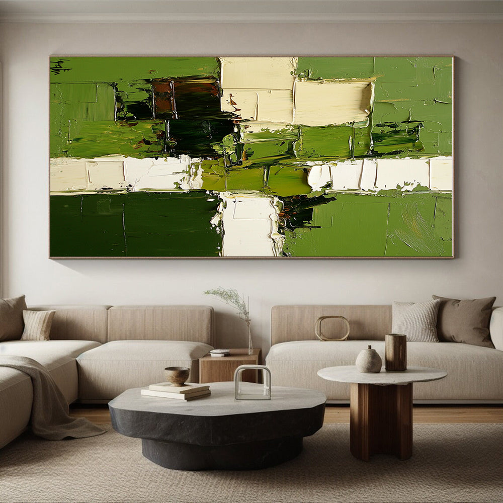 Green and White Abstract Painting with Patchwork Design GER478
