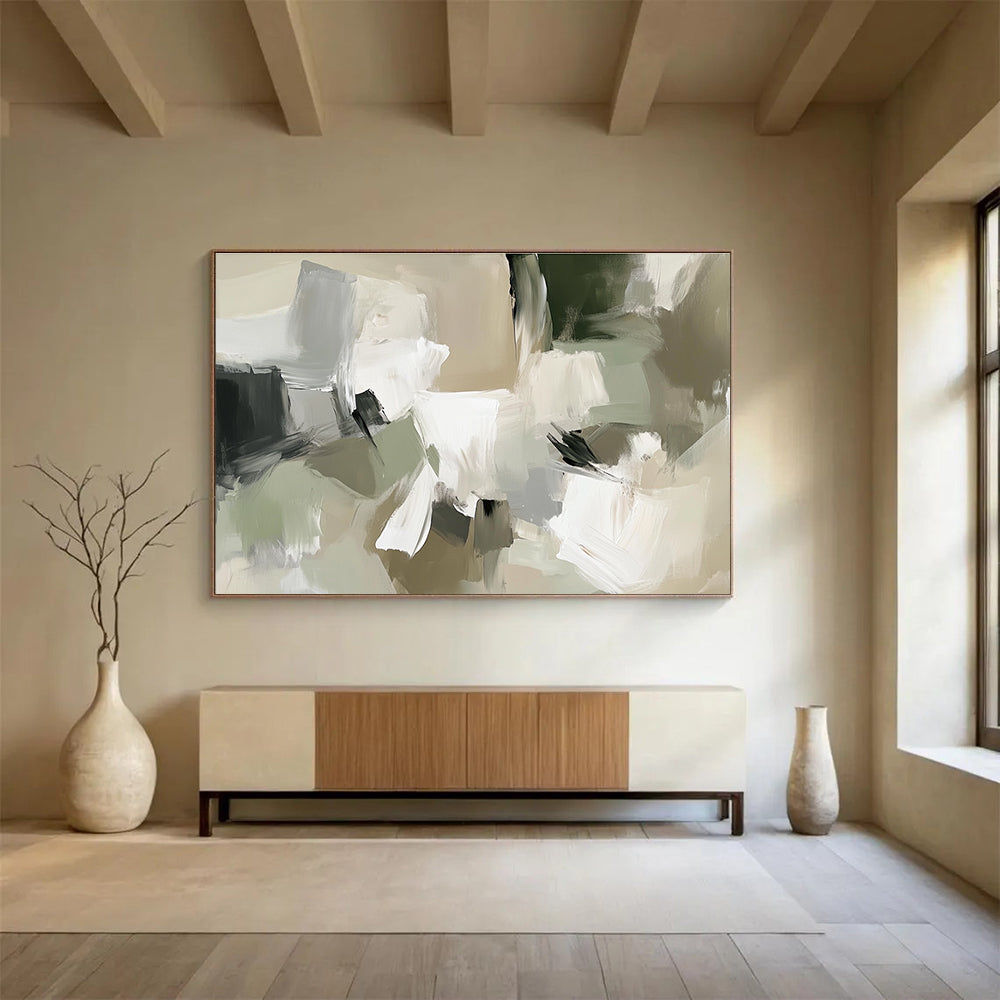 Beige Green and White Abstract Painting with Soft Shapes DYP404