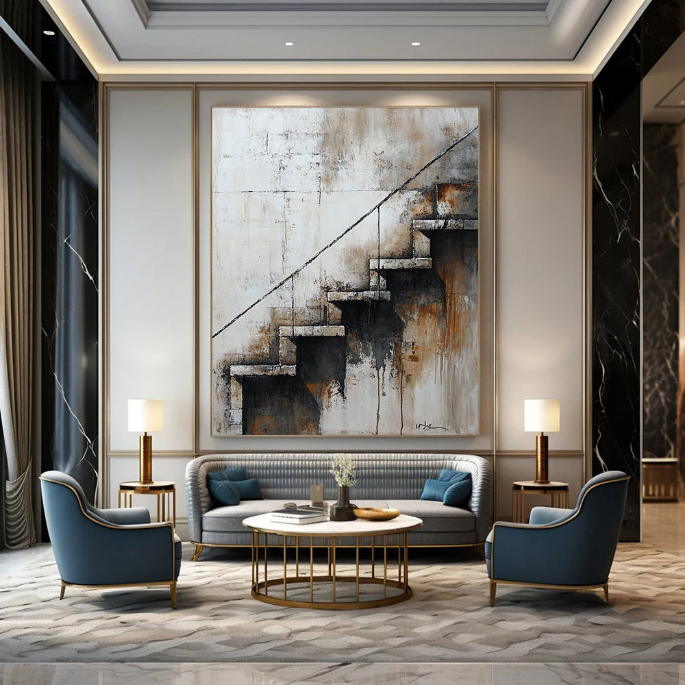 Large abstract painting of stairs in neutral tones featuring aged textures muted palette and nostalgic urban atmosphere.STSC194