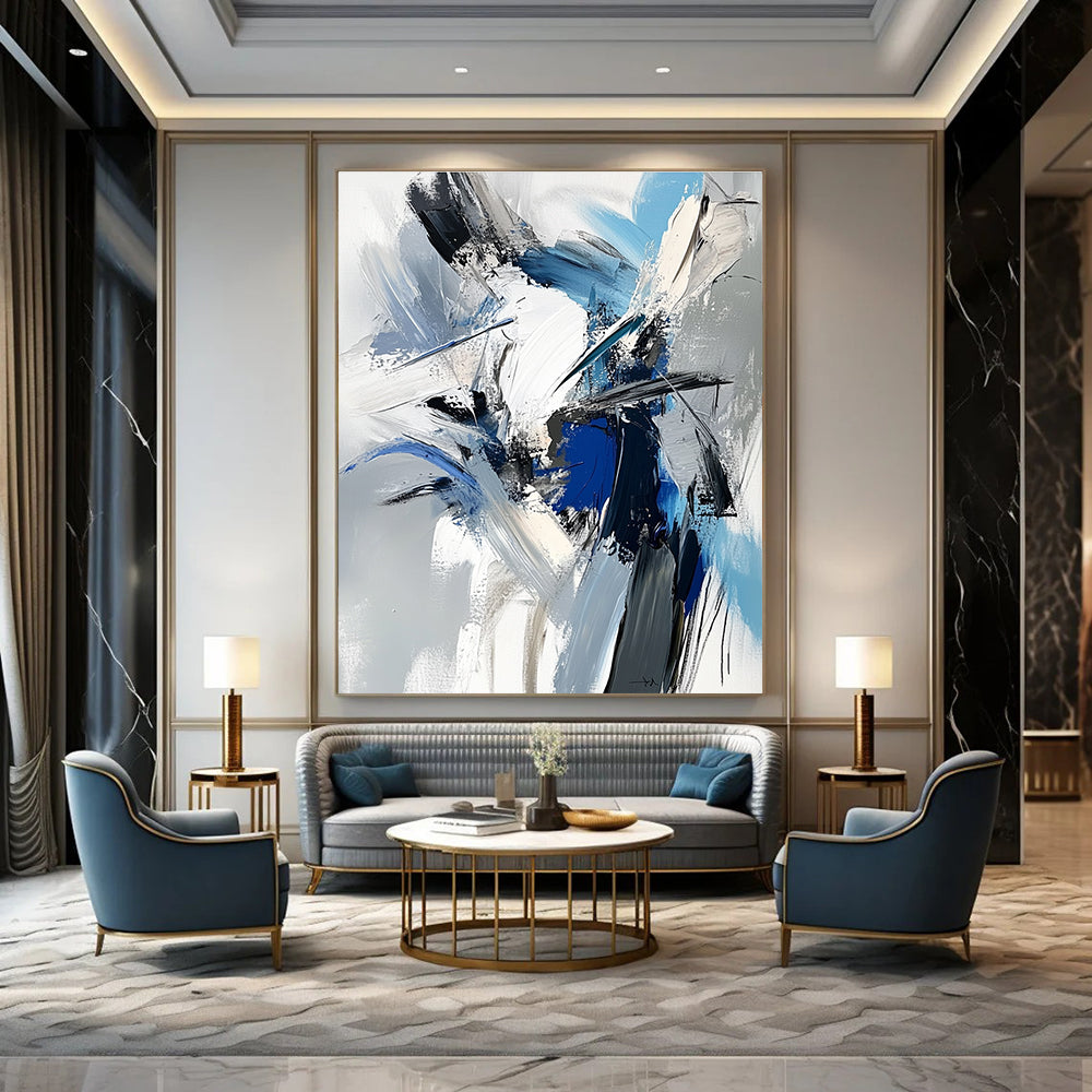 Large abstract painting featuring a dynamic human figure in white blue and gray with textured brushstrokes and a dark mood.STSC717