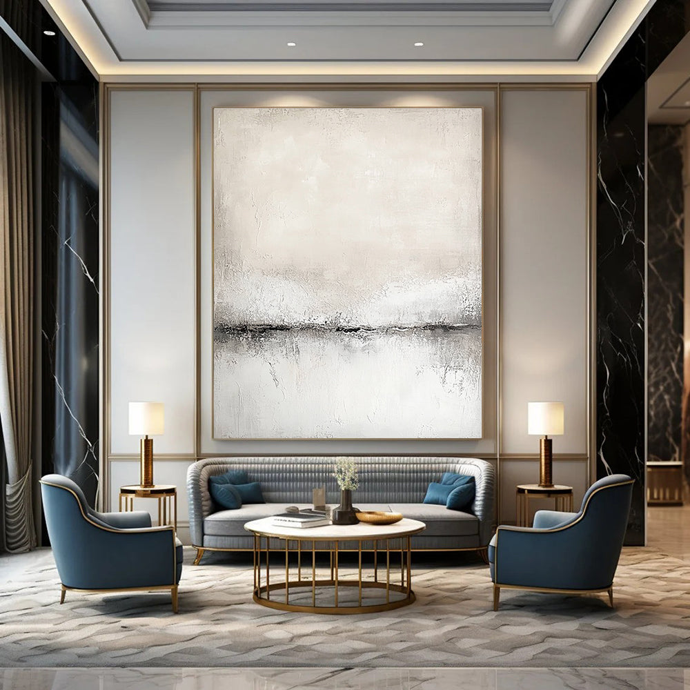 Abstract painting in white and grey tones with a soft textured canvas featuring a neutral color palette in a modern art style.STSC128