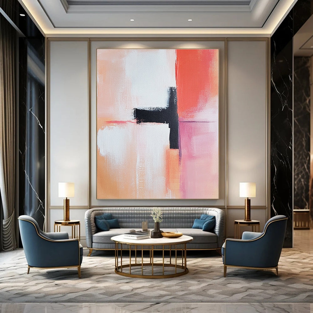 Large abstract painting featuring light pink peach and white tones with a dark red accent oil on canvas in the style of Henri Matisse.STSC819