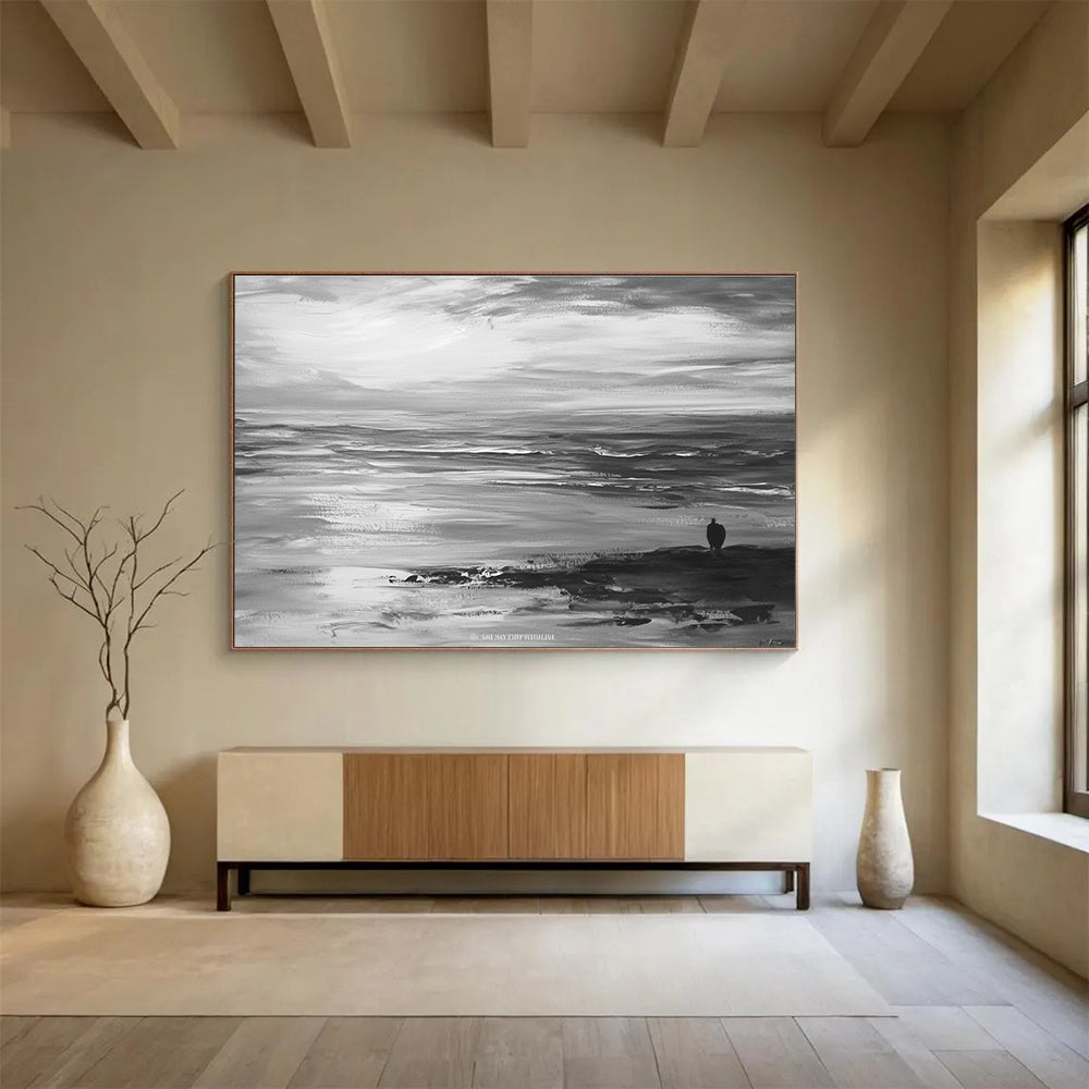 Large abstract painting of the ocean horizon and sky in gray tones with visible brush strokes on canvas.SC015
