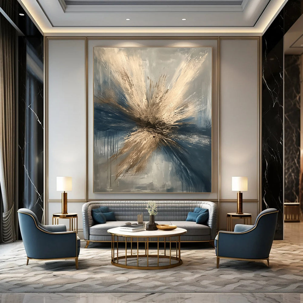 Large abstract painting depicting a winter tornado in beige and dark blue with gray background featuring a detailed metallic focal point suggesting destruction.STSC644