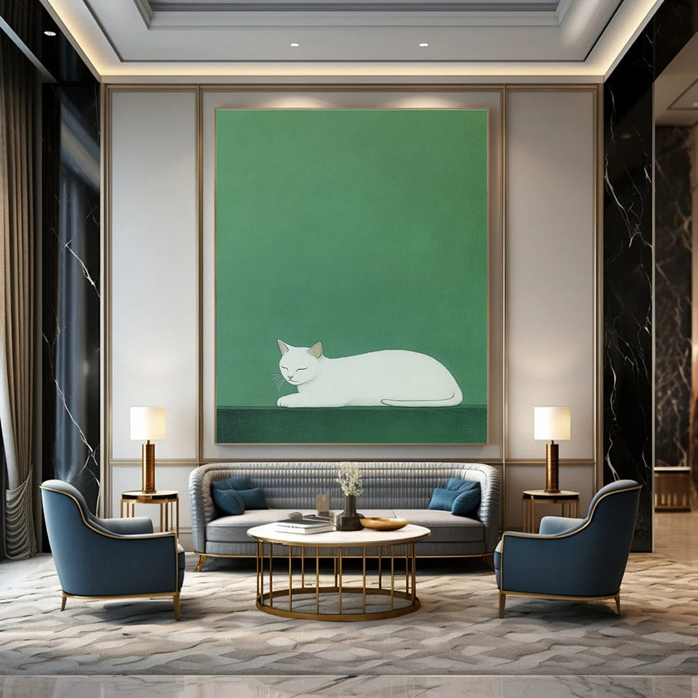 A large abstract painting featuring a white cat on a vibrant green background inspired by Euan Uglow and Atey Ghailan's styles.STSC1473
