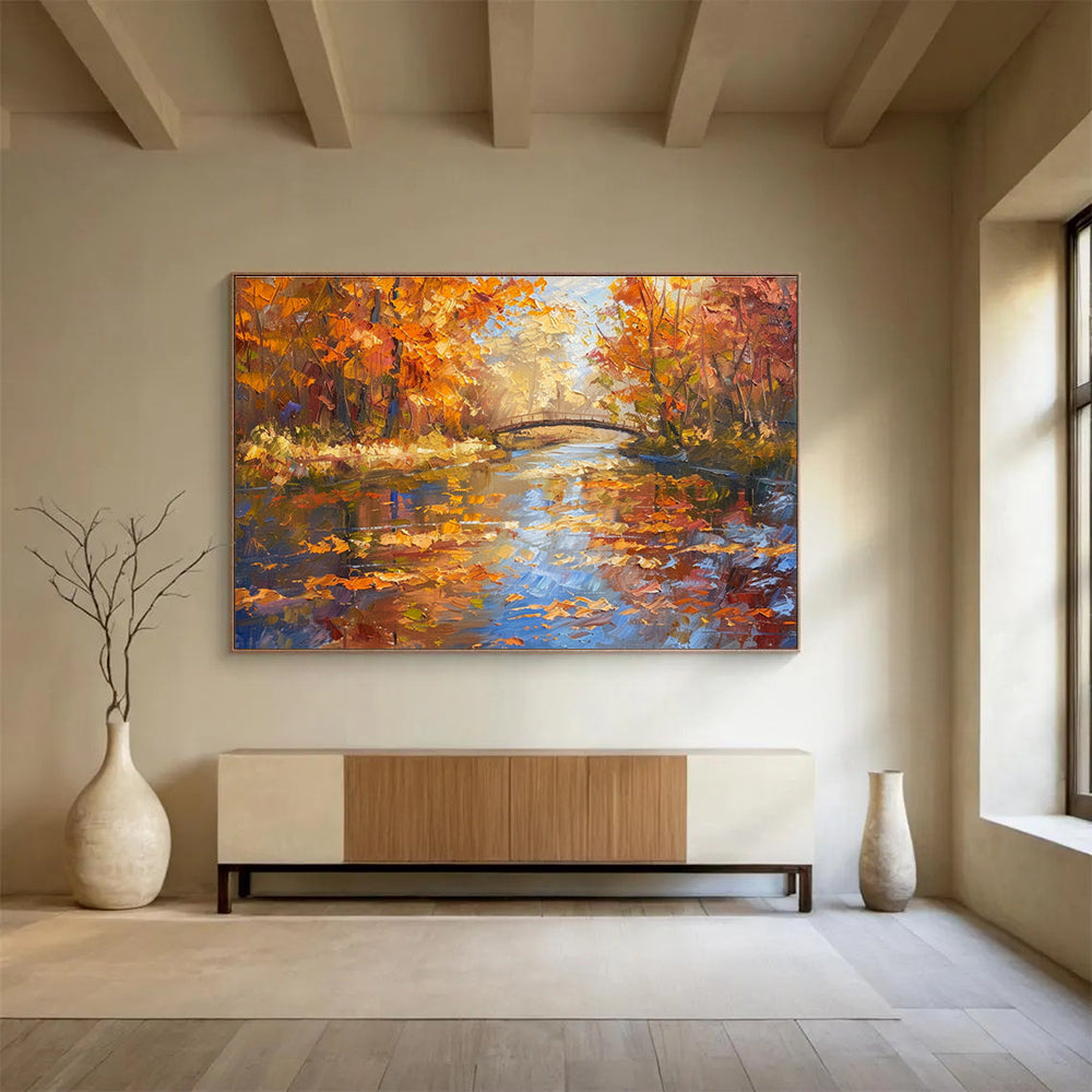 Autumn Forest River Abstract Painting with Orange, Yellow, and Blue Tones THY196