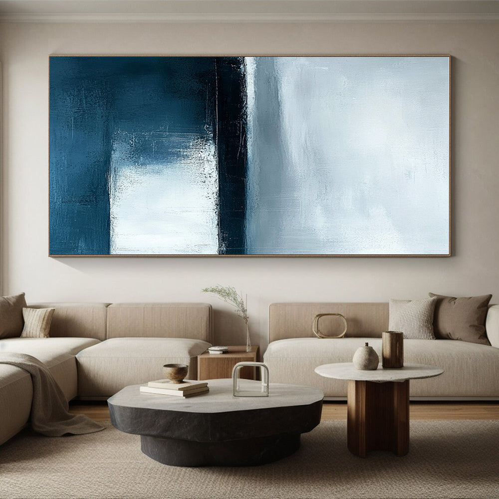 Monochrome Blue Abstract Painting with Textured Depths GER385