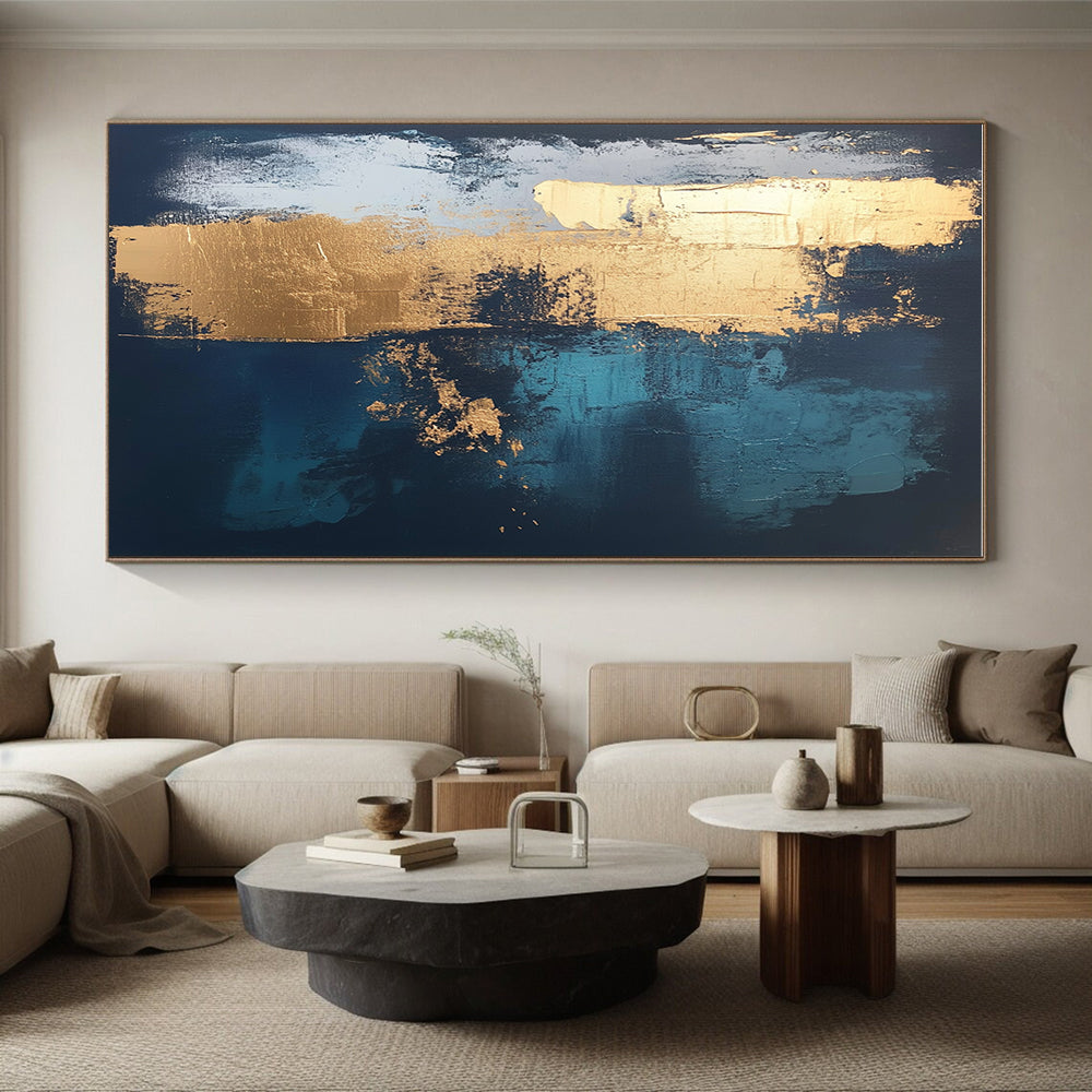 Dark Blue and Gold Abstract Painting with Bold Textures GER372